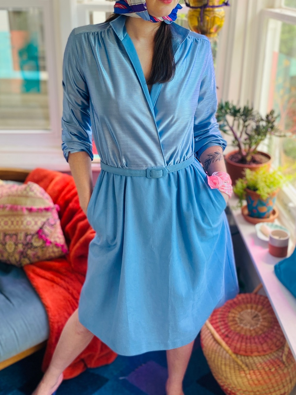 Vintage 70s Blue Belted Wrap-Style Women's Dress